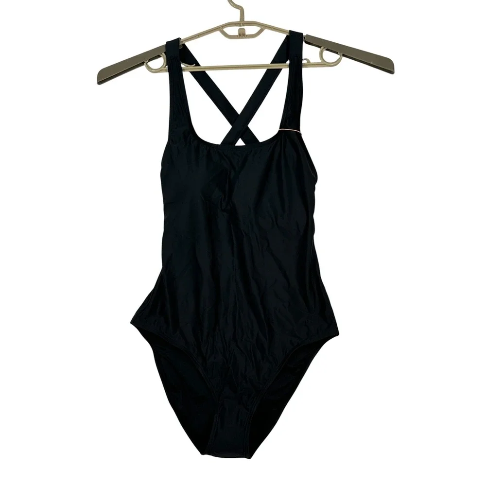 MWT Quince Womens Italian Cross Back One Piece Swimsuit Large Padded Black